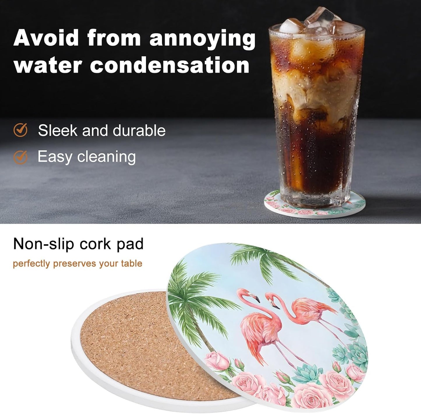 Coaster for Drinks 4 Pack,Coastal Flamingo Pink Rose Absorbent Round Ceramic Stone with Cork Base and Metal Holder,Light Blue Background Cup Mats for Home Dining Coffee Tables