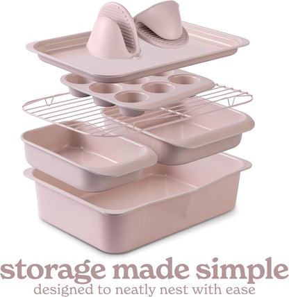 Country Kitchen Nonstick Stackable Bakeware Set - Deluxe Heavy Duty, Durable, Easy Release Baking Set, 8 Pcs, Pink