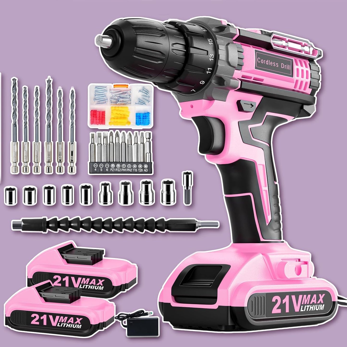 Cordless Drill, 21V Power Drill with Dual 2.0Ah Power Pack and Charger, Power Electric Battery Drills Set, 3/8" Chuck, 25+1 Torque, Compact Drills with 87 Accessories Tool for DIY, Home Repair & Gift