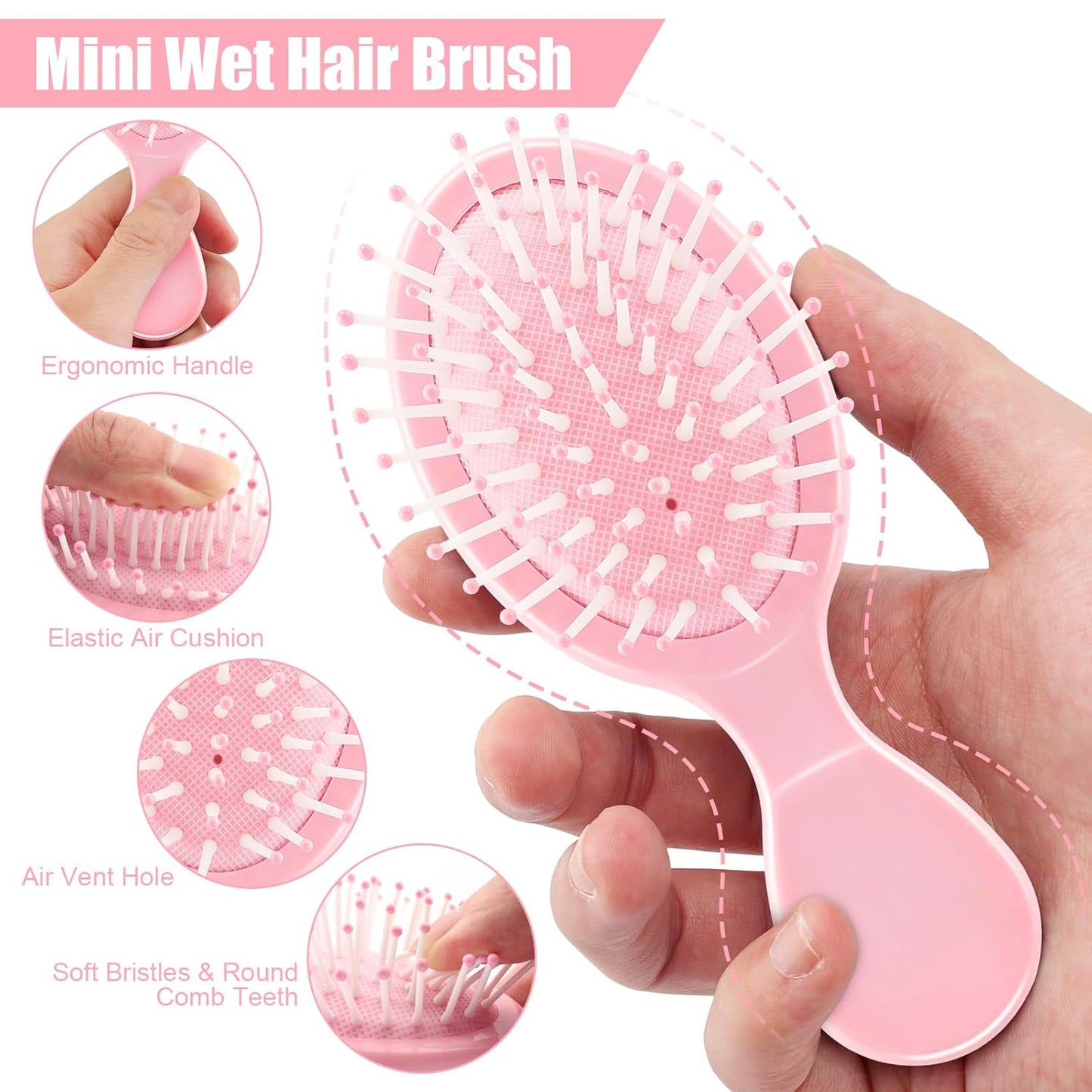 NICEMOVIC Mini Wet Hair Brush 2 Pack, Bachelorette Party Favors, Back to School Supplies, Small Travel Hair Brush for Girls Toddler Kids, Stocking Stuffers for Teen Girls, Bridesmaid Gifts (Pink)
