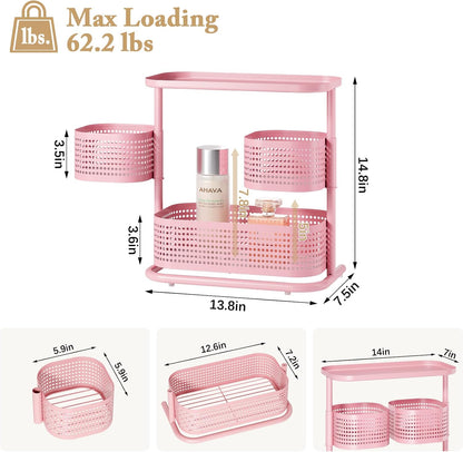 KINGRACK 3 Tier Pink Bathroom Counter Organizer, Rotating Makeup Organizer for Vanity, Perfume & Skincare Standing Shelf, Vanity Tray for Bathroom Countertop Storage, Pink