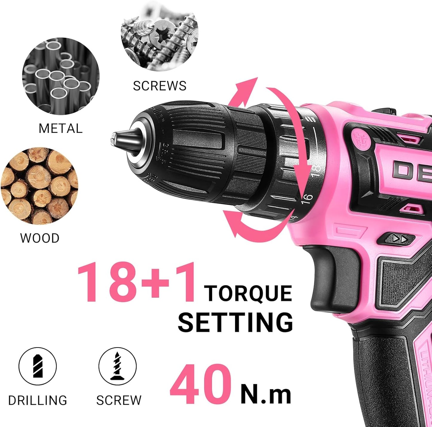 Power Drill Cordless: DEKOPRO Pink Cordless Drill 20V Electric Power Drill Set Tool for Women Drills with Battery and Charger 20 Volt Drills Driver Kit