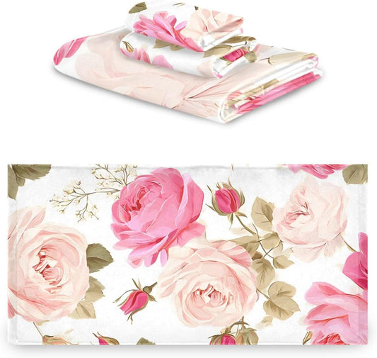 susiyo 3 Piece Bath Towel Set, Soft Highly Absorbent Bathroom Towels Beautiful Floral Pink Roses Bath Towels Fashion Print Decorative Towels (Set of 3, 1 Bath Towel, 1 Hand Towel & 1 Washcloth)