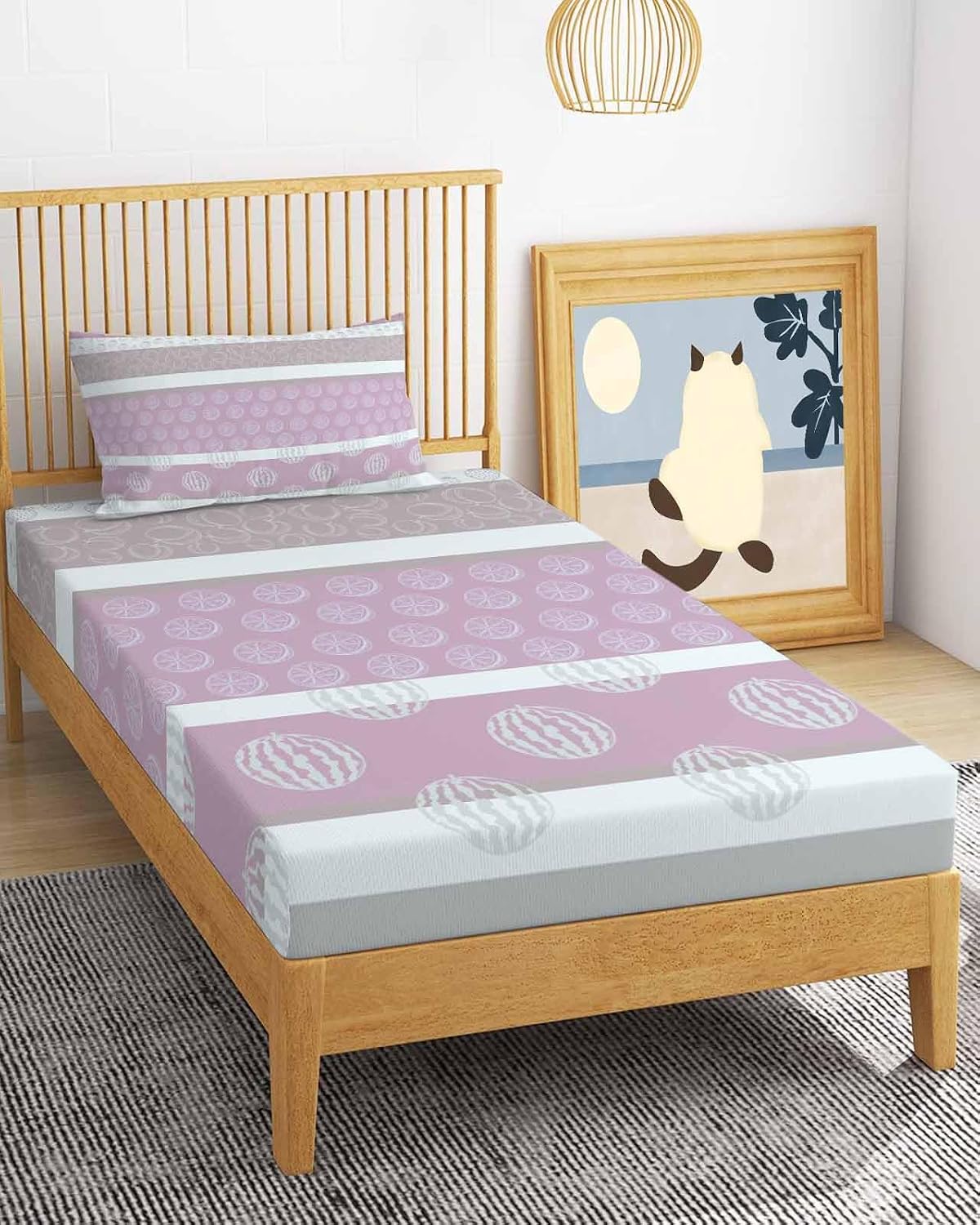 Twin XL Sheets Set - Farm Fruits Microfiber Bed Sheets for Twin Bed, Watermelon Lemons Peach Pink Grey Striped 3 Pieces Bedding Sets 1 Flat Sheet and 1 Fitted Sheet with Deep Pocket, 1 Pillowcase