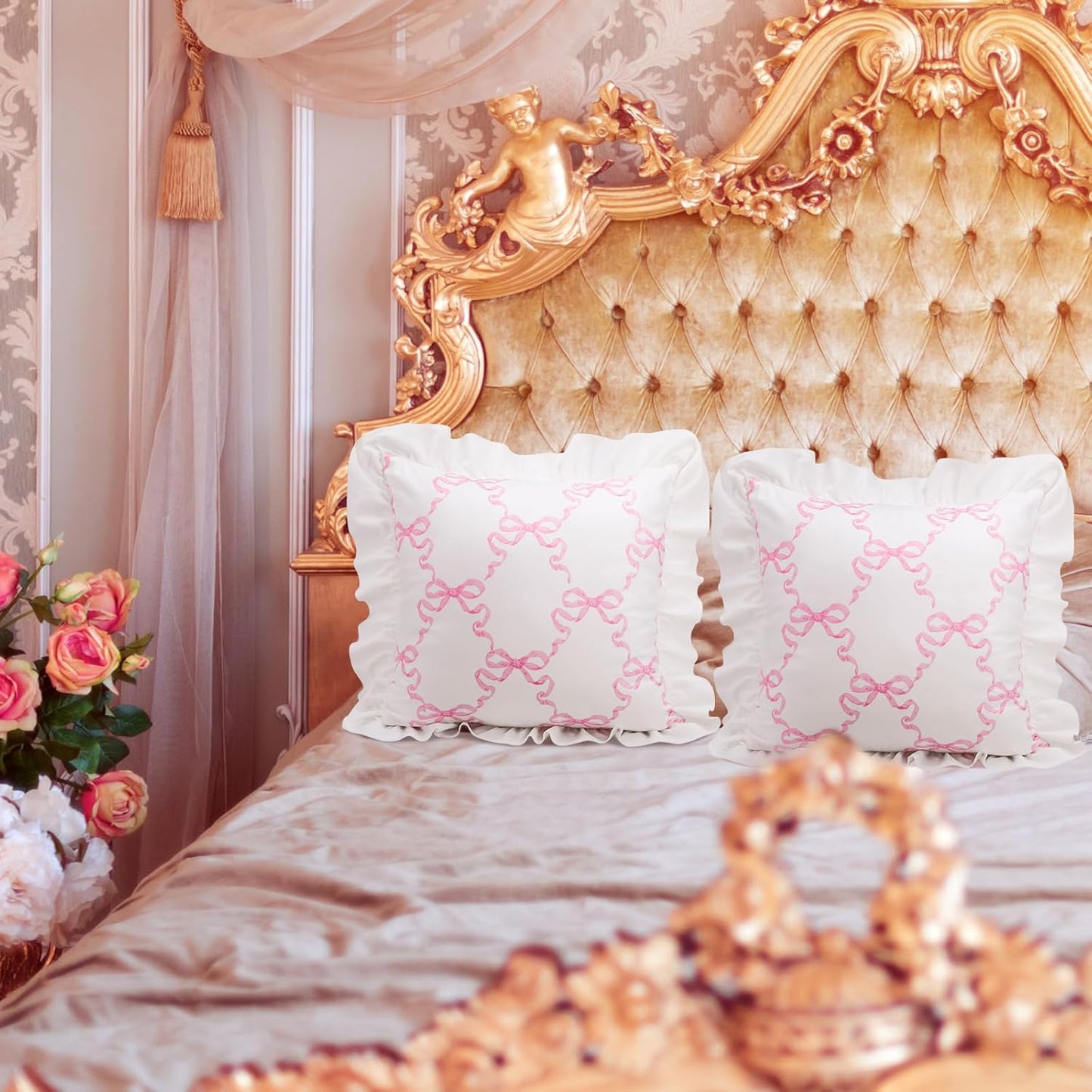 Fanfanwin Pink Bow Pillow Covers Set of 2 Christmas Ruffle Pillow Cases Coquette Pillowcase Sham Covers Cute Preppy Bow Pillows Decorative Girly Apartment Bedroom Room Decor 18 x 18''