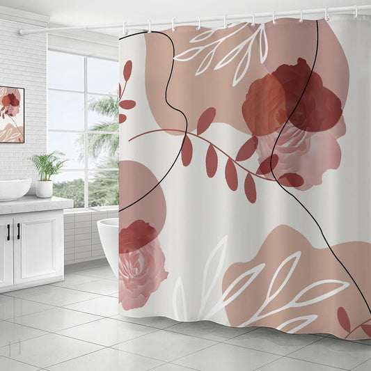 Abstract Boho Pink Brown Shower Curtain Mid Century Modern Minimalistic Leaves Aesthetic Shower Curtains for Bathroom Waterproof Polyester Fabric Bath Curtain 72 x 72 Inch with 12 Hooks