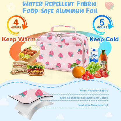 CAMTOP Lunch Box Kids Boys Girls Insulated Lunch Cooler Bag Reusable Lunch Tote Kit for School Travel (Pink Strawberry)