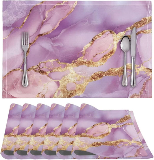 BIGCARJOB Pink Marble Print Placemat Set of 6 Placemats Table Cover Dining Table Set Valentines Day Decorations Table Cloth Marble Texture Place mats for Dining Table