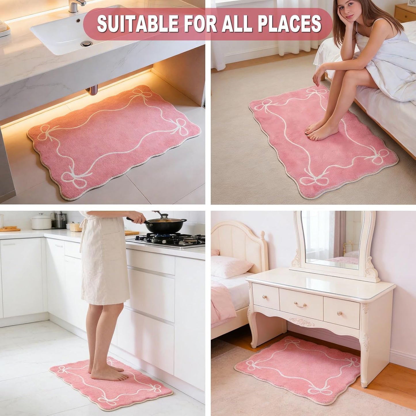Light Pink Bow Bath Mat Cute Bathroom Rugs, Soft Absorbent Bow Carpet, Girly Bathroom Decor Rugs Non Slip & Machine Washable (S)
