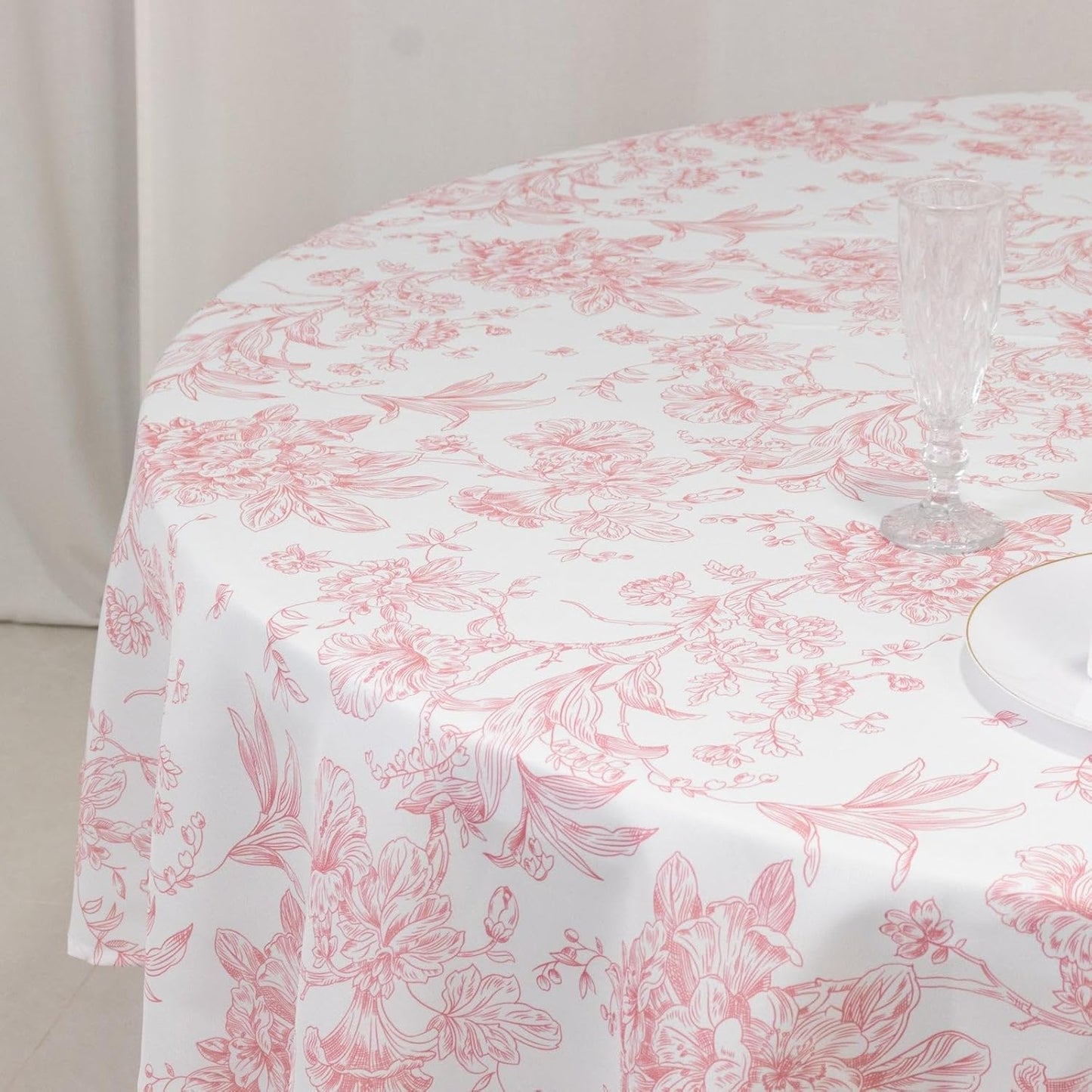 Efavormart Polyester Round Tablecloth 90" White with Pink French Toile Pattern - Sophisticated Table Cover for Chic Weddings & Events