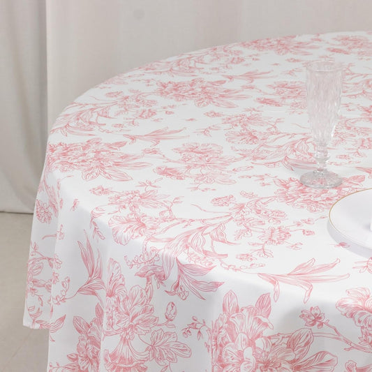Efavormart Polyester Round Tablecloth 90" White with Pink French Toile Pattern - Sophisticated Table Cover for Chic Weddings & Events