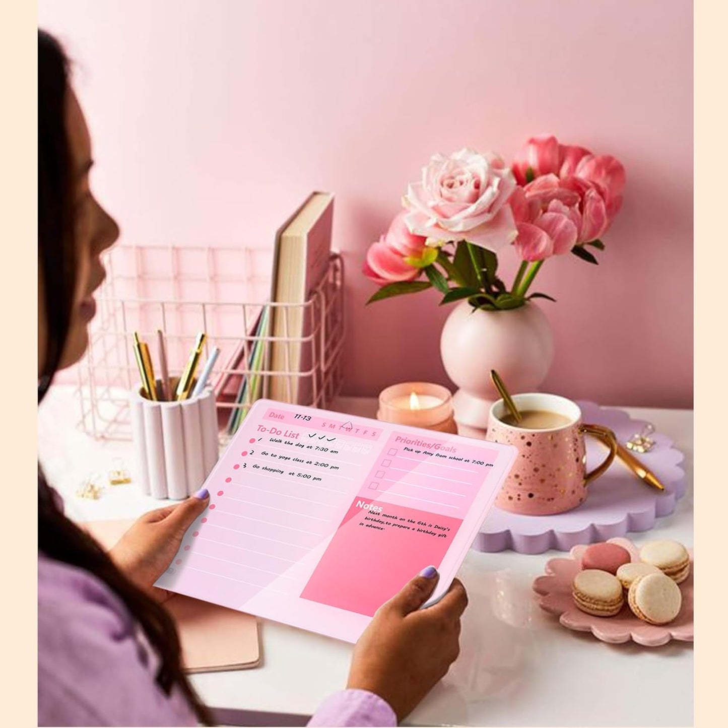 Desktop Thickened Acrylic Dry Erase Board to do List Planner Board，12"x10"，Tabletop Whiteboard with Stand，Frameless Pink Dry Erase White Board，for Office/Home/School