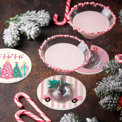 JarThenaAMCS 4Pcs Pink Christmas Cartoon Coasters Winter Snowflake Xmas Tree Truck Ceramic Coasters Absorbent Cup Mat for Mug Cup Home Kitchen Office Party Table Decor