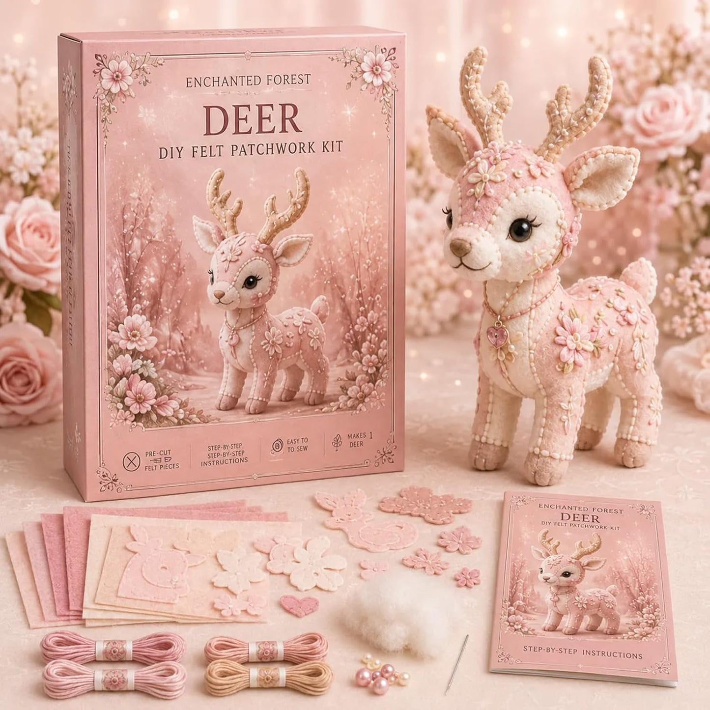 Pink Woodland Friends DIY Felt Patchwork Kit, Pastoral Wild Creatures Handicraft Activity, Manual Tailoring Bundle, Textile Hobby, DIY Fabric Animal, Unique Roseate Doll Ornament (Blush Deer)