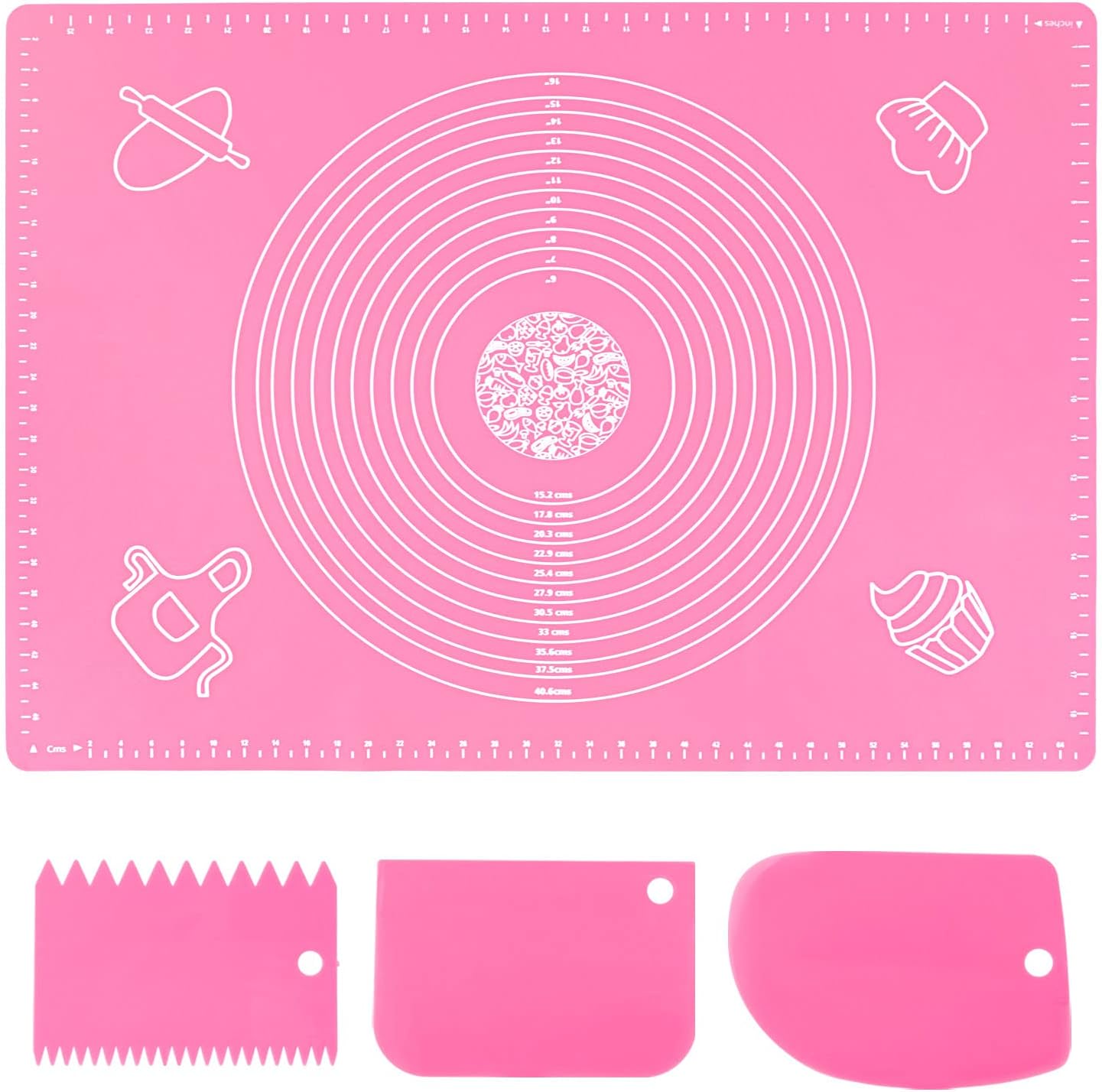 Silicone Pink 70x50cm Baking Mat Sheet Pastry Mat with Measurement, Non-Slip Pastry Rolling Mat, Non-Stick Dough Kneading Board Mat, Bread Fondant Mat, Cooking Bakeware Mat Table Placemat(Scraper)