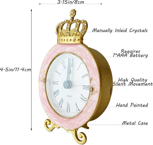 Vintage Mini Analog Table Clock, Silent Crown Table Clock with Hand-Painted Metal Body and Battery Operated Non-Ticking Core for Shelf, Living Room, Bedroom, Bedside, Desk