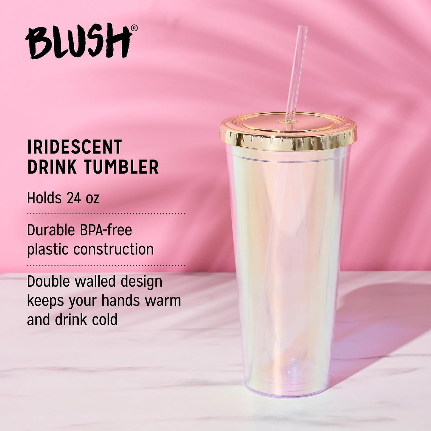 Blush Iridescent Cute Drink Tumbler | Reusable, Leak-Proof, Travel, Clear Plastic, Slim, Iced Coffee Cup with Silicone Seal, Screw-On-Lid, and Straw, 24oz