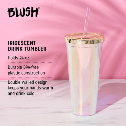Blush Iridescent Cute Drink Tumbler | Reusable, Leak-Proof, Travel, Clear Plastic, Slim, Iced Coffee Cup with Silicone Seal, Screw-On-Lid, and Straw, 24oz
