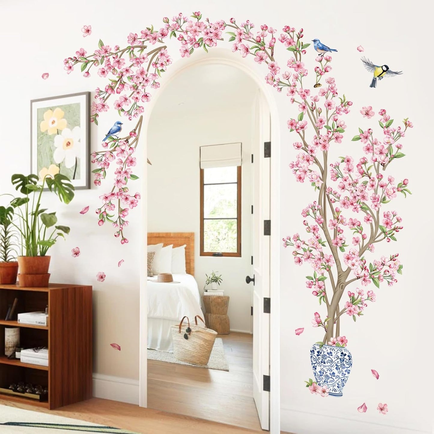 decalmile Pink Cherry Blossom Flower Tree Wall Decals Hanging Floral Tree Branch Birds Wall Stickers Living Room Bedroom Tv Background Wall Decor