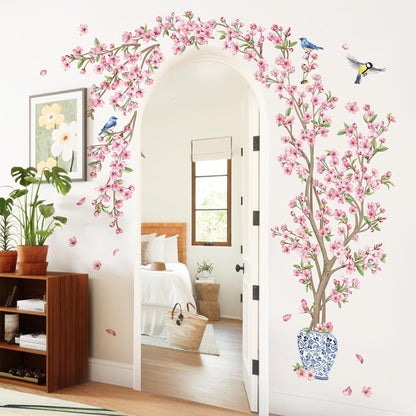 decalmile Pink Cherry Blossom Flower Tree Wall Decals Hanging Floral Tree Branch Birds Wall Stickers Living Room Bedroom Tv Background Wall Decor