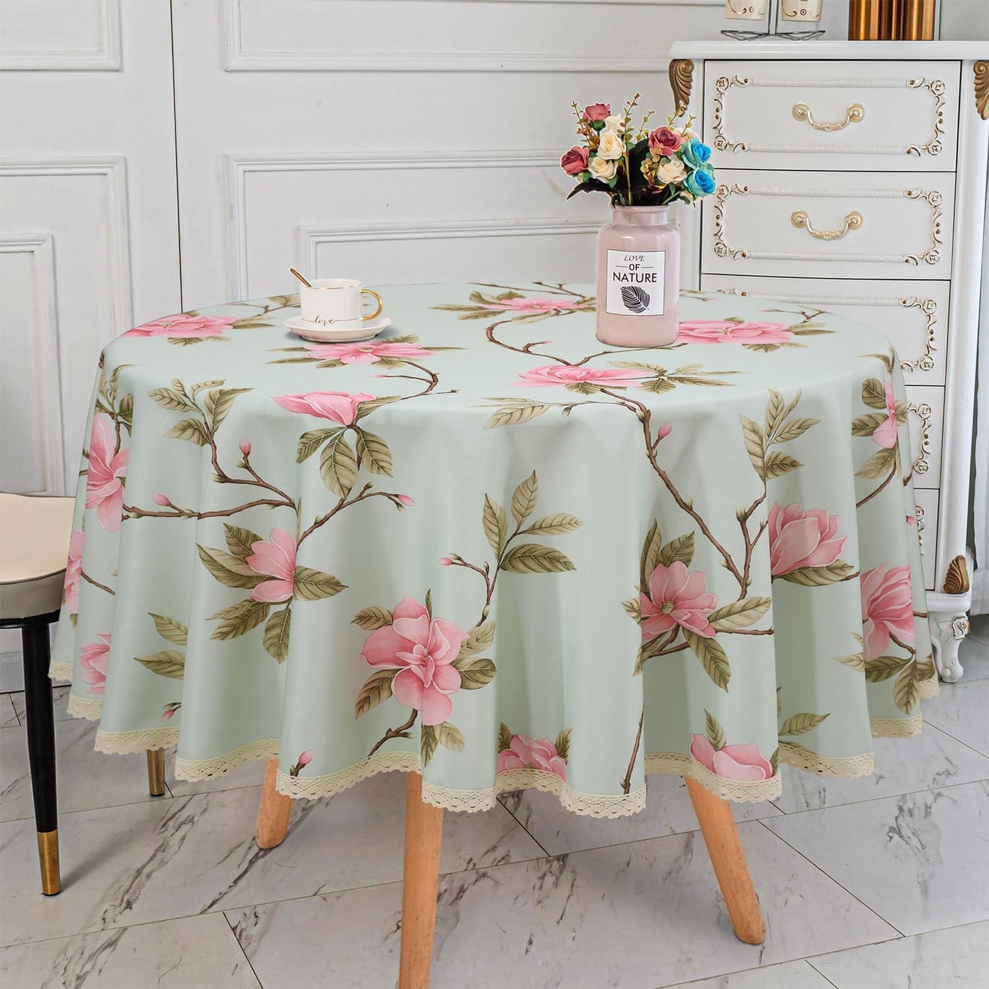 Floral Print Round Tablecloth, Light Green & Pink, 70 Inch | Stain Resistant, Waterproof, Kitchen Dining Indoor Outdoor, Buffet Tabletop Decoration