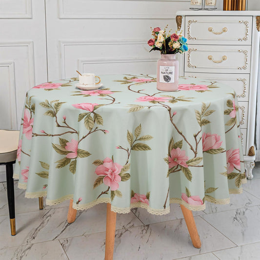 Floral Print Round Tablecloth, Light Green & Pink, 70 Inch | Stain Resistant, Waterproof, Kitchen Dining Indoor Outdoor, Buffet Tabletop Decoration