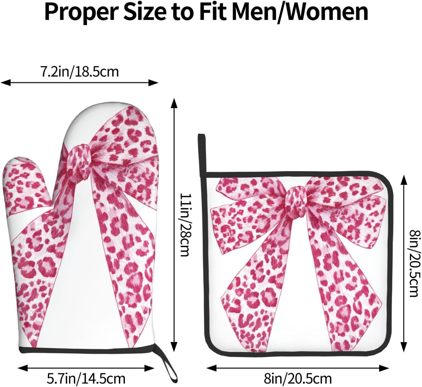 Light Pink Leopard Bow Oven Mitts and Pot Holders Sets,Heat Resistant Potholder Kitchen Decor for Cooking Baking BBQ, Oven Glove Set