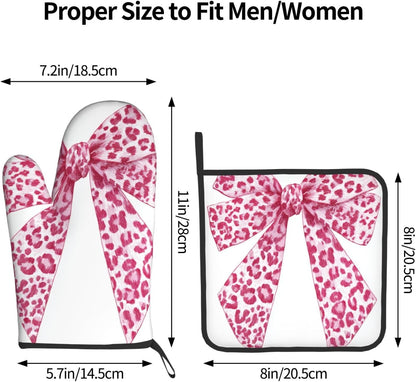 Light Pink Leopard Bow Oven Mitts and Pot Holders Sets,Heat Resistant Potholder Kitchen Decor for Cooking Baking BBQ, Oven Glove Set