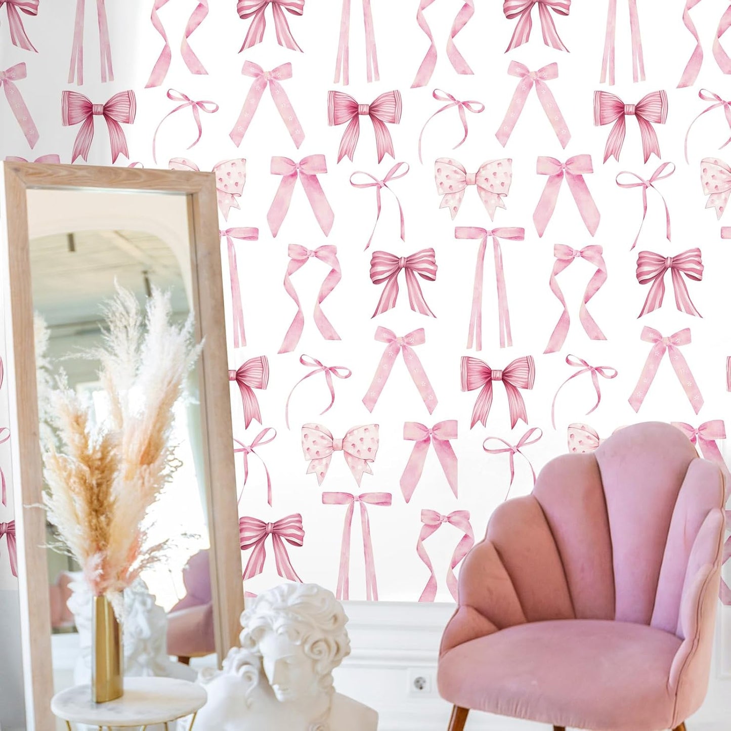 Nuanchu Pink Bow Wallpaper 15.75 x 118 Bow Ribbons Peel and Stick Wallpaper Coquette Trendy Preppy Removable Feminine Ballet Girly Adhesive Removable Coquette Room Decor