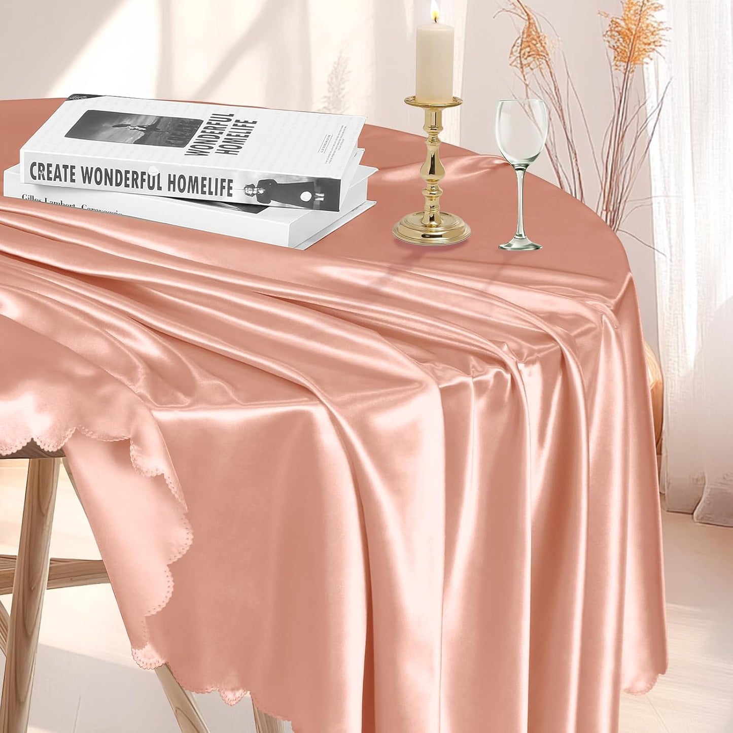 1 Pack 90 Inch Round Satin Tablecloth Rose Gold Satin Table Cover, Overlay Silky Tablecloth Dining Table Cloths for Wedding, Party, Banquet, Events, Reception, Dinner