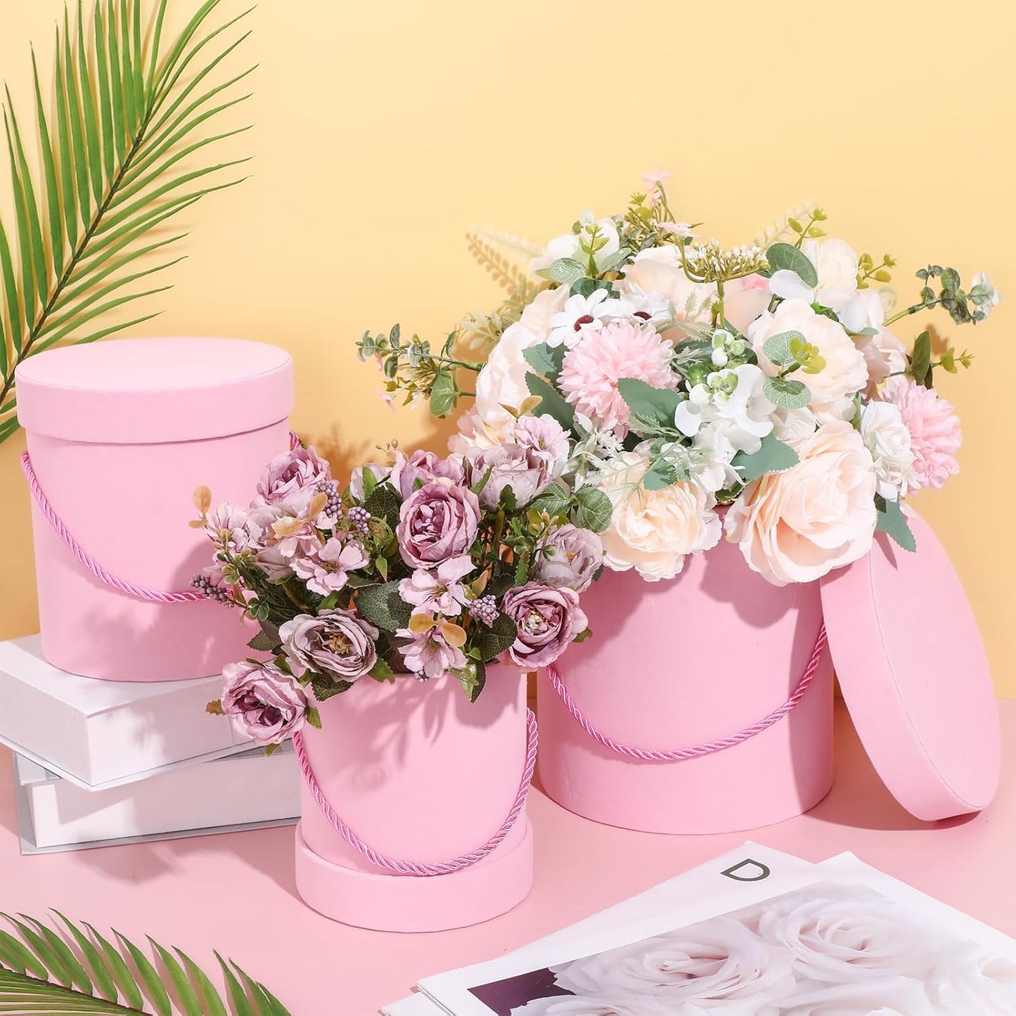 Uiifan 6 Pcs Velvet Round Flower Box with Lids Velvet Nesting Gifts Box with Handle for Mother's Day Wedding Holiday Luxury Flower Gift Arrangement Bridesmaid Birthday Party Favor(Pink)