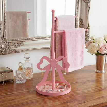 Chumia Pink Bow Towel Holder for Bathroom, F-Shape Cute Pink Hand Towel Stand with 2 Swivel Arm and Base, Coquette Jewelry Storage Standing Towels Bar for Women Girls Bathroom Kitchen Countertop