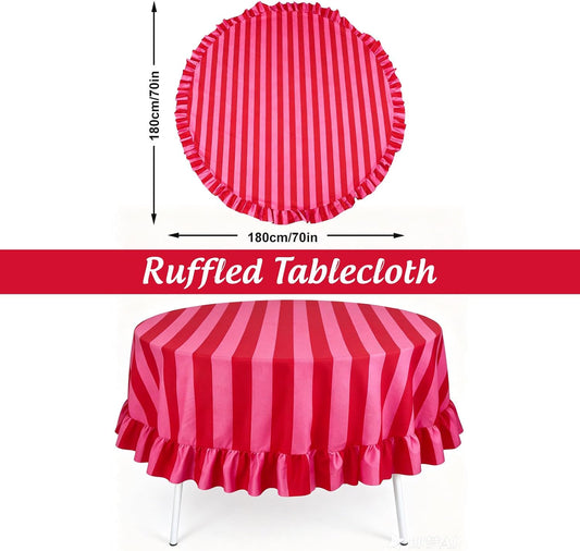 JarThenaAMCS Ruffle Tablecloth Boho Pink Red Striped Table Cloth Round Decorative Table Cover for Home Kitchen Baby Shower Party Wedding Decor, 70 Inch