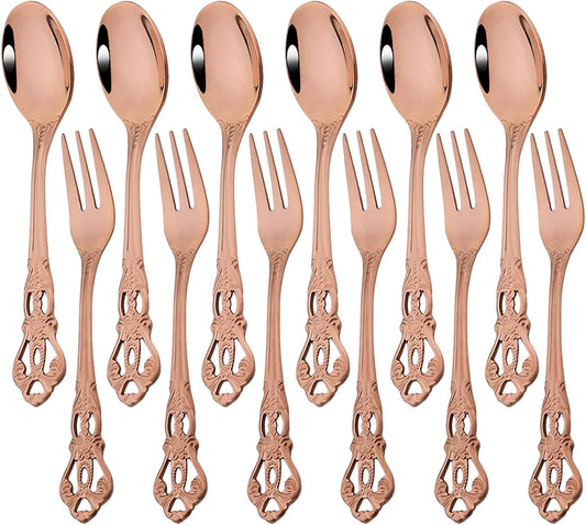 12-Piece Rose Gold Stainless Steel Vintage Coffee Spoon And Cake Fruit Forks, Kitchen Accessory For Dessert, Salad, Appetizer (6 Forks + 6 Spoons)