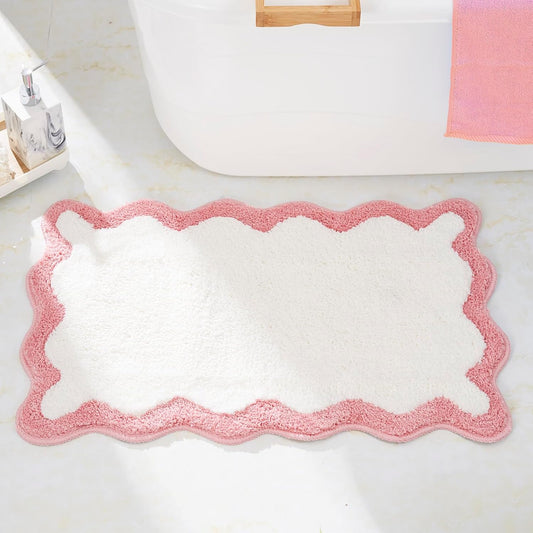 Luxury Cute Bathroom Rugs, White Bath Mat W/Pink Scalloped Edge, Microfiber Aesthetic Trendy Funky Fun Preppy Rug, Extra Soft Bathroom Mat Non-Slip for Tub, Shower, and Bath Room 30'' x 20''