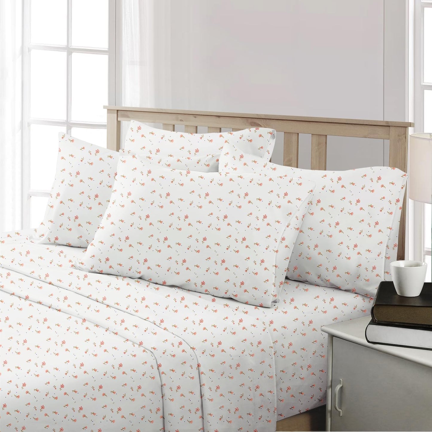 HOMEIDEAS 6 Piece Printed Full Size Bed Sheets, Extra Soft Brushed Microfiber 1800 Bedding Pattern Sheets, Deep Pocket, Wrinkle & Fade Free, Pink Floral
