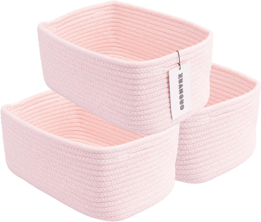 XUANGUO Small Woven Storage Baskets 12“X8”X5“ Decorative Rope Bins for Organizing Shelves, Closets, and Toys, Empty Gift Baskets, Cute Organizer Basket for Home and Office (pink, regular)