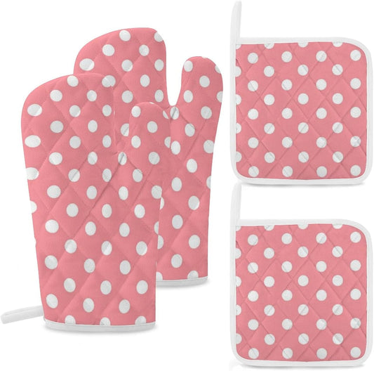 4PCS Oven Mitts Glove Kitchen Heat Resistant Pot Holders Set Pink with White Polka Dots Pattern Kitchen Microwave Oven Gloves Mitts Anti-Scald Baking Cooking Gloves