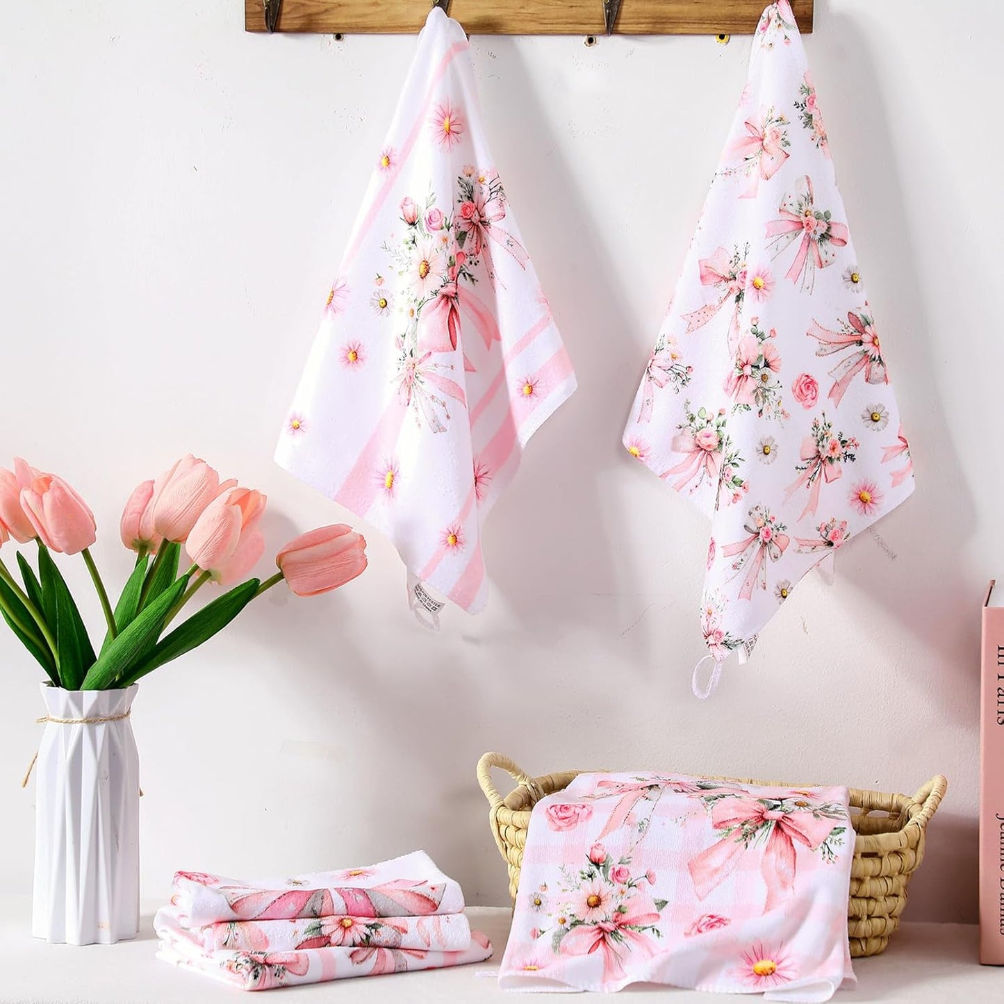 Breling Set of 6 Pink Bow Kitchen Towels Coquette Floral Dish Towel Bathroom Decorative Pink Cute Bowknot Hand Cloths for Kitchen Bathroom Home Cooking Housewarming Gifts, 14 x 21 Inch
