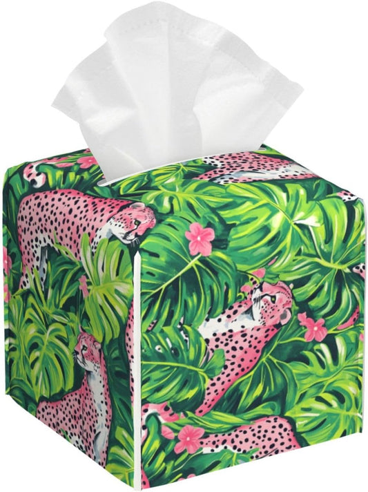 Tropical Plant Pink Leopard Print Tissue Box Cover Square Modern Decorative Tissue Box Holder, Cute Leather Box Cover Car Tissue Holder for Bathroom, Night Stands, Desk, Office Decor