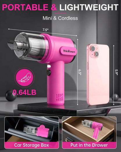 ThinkLearn 27pcs Car Cleaning Kit, 4-in-1 12000Pa Cordless Mini Handheld Vacuum Cleaner & Air Duster, Portable Pink Car Detailing Kit with Interior Accessories for Car, Home, Office, Gift for Women