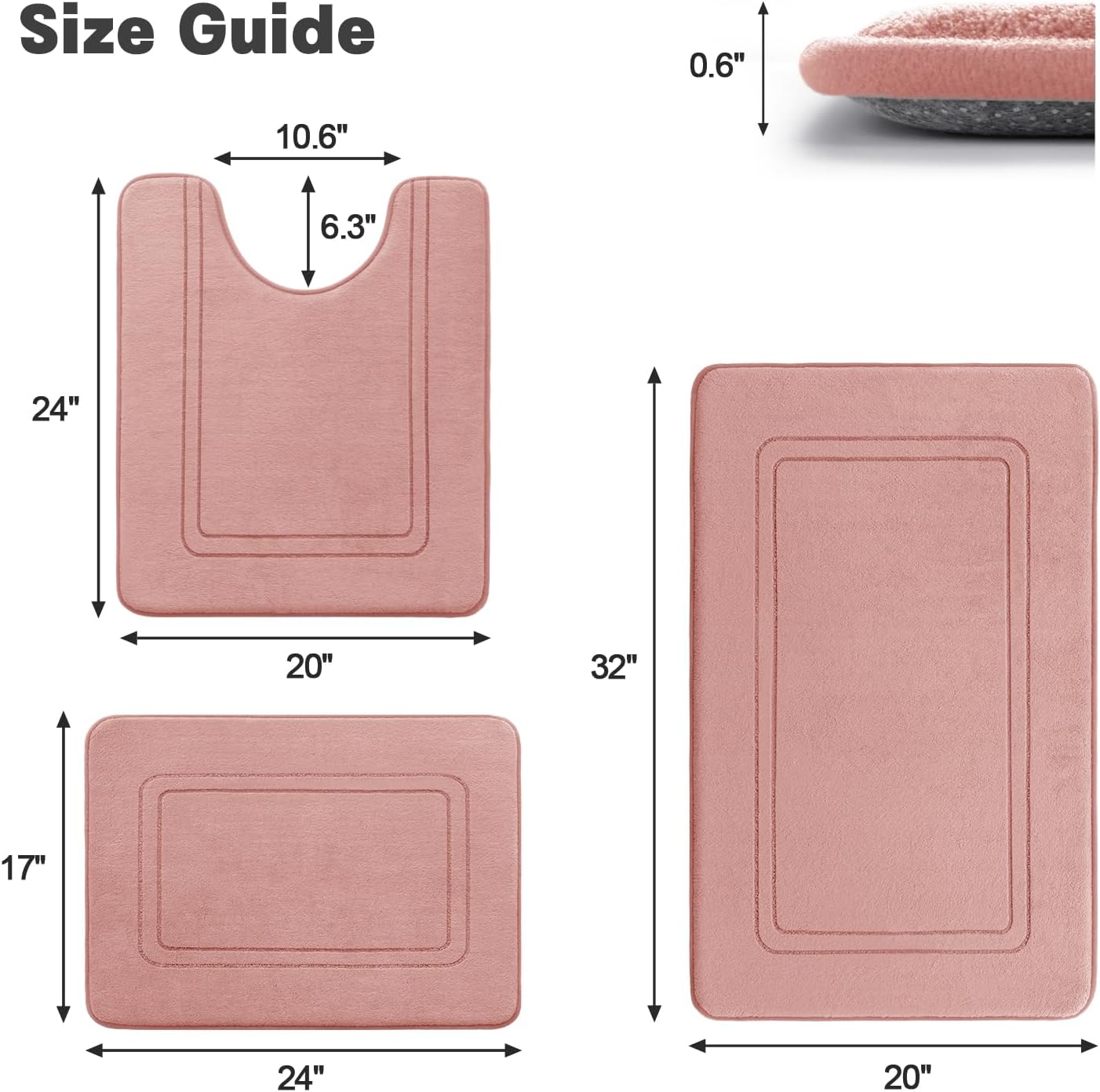 YIHOUSE Memory Foam Bath Mat Set, Bathroom Rugs Sets 3 Pieces, Non Slip Bath Mats for Bathroom, Super Soft and Water Absorbent Bath Rug Set, Machine Washable U Shape Toilet Rug,Pink