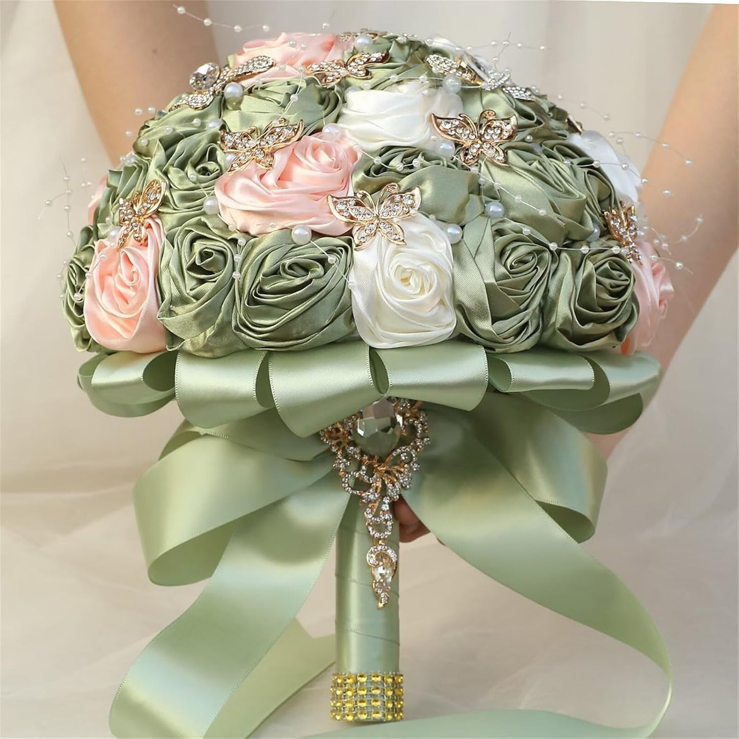 Handmade Rhinestone Bridal Bouquet for Wedding Round Tossing Bouquet Artificial Flower Bunch for Bride Bridesmaid (Sage+Ivory+Peach Pink, Small (Dia. 7.5"/18cm))