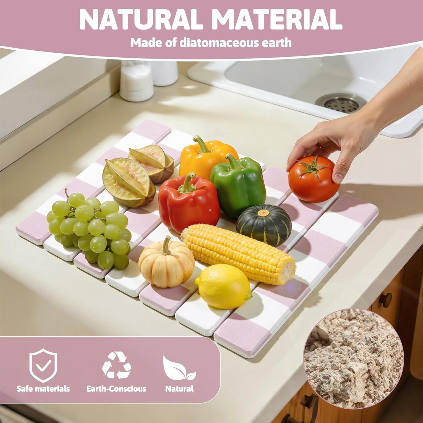 Yamaziot Stone Drying Mat for Kitchen Counter, 16"x12" Small Foldable Ultra Absorbent Stone Drying Mat, Quick-Dry Diatomaceous Earth Mat, Non-Slip Heat Resistant Mat for Dishes, Cups, Bottles, Pink