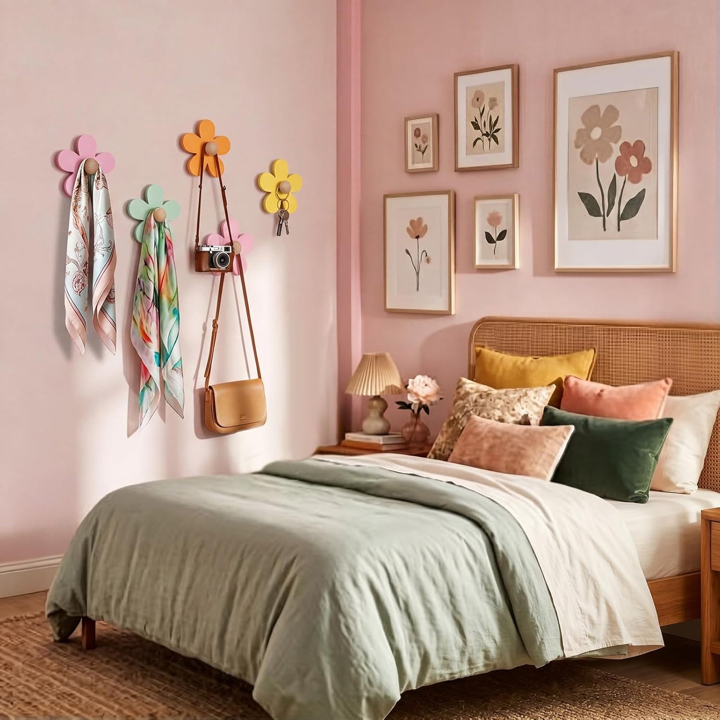 AceOrbit Pcs Daisy Wall Hooks Wood Flower Towel Hooks Cute Flower Decorative Wall Mount Hangers for Bathroom Kitchen Bedroom Home Entryway Decor(5,Yellow, Pink, Purple, Light Green)