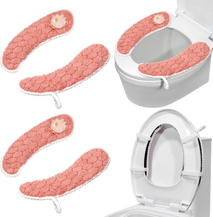 Toilet Seat Cover Bathroom Toilet Seat Cushion Toilet Seat Warmer with Handle, Washable and Reusable Toilet Seat Pads for Winter, Fits All Toilet Seats, 2 Pairs, Pink
