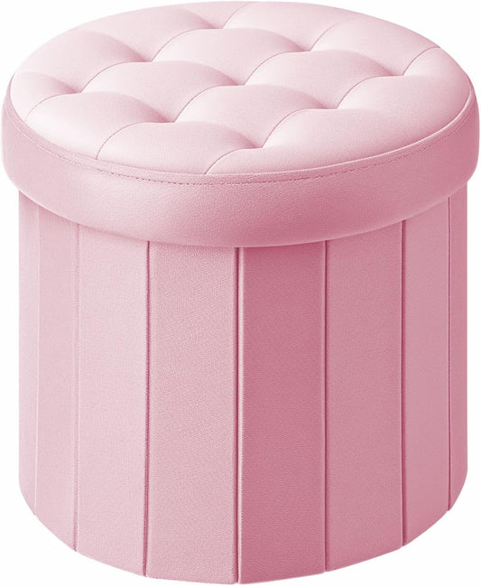 Bsketa® Folding Storage Ottoman Round 14" x 14" x 13"Inch Foot Stool with Thicker Foam Padded Seat Small Velvet Storage Ottoman Bench Foot Rest for Living Room Foldable Coffee Table(Pink)