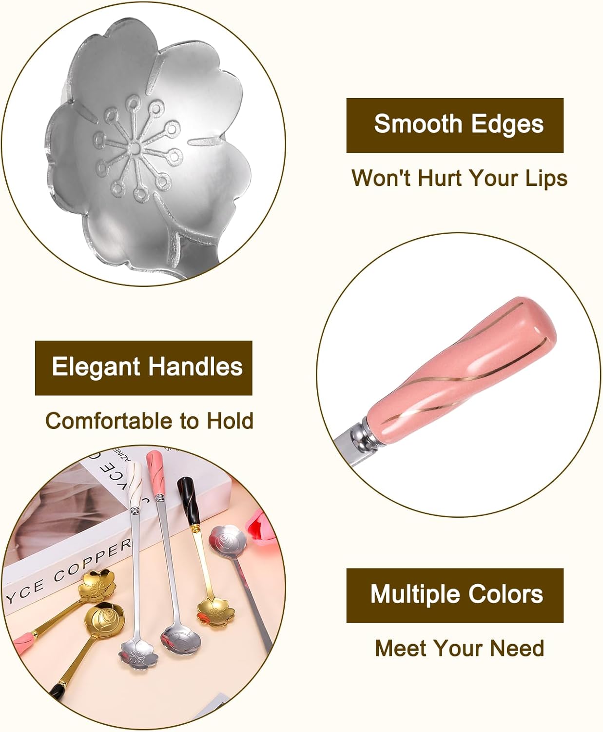 uxcell 4Pcs Stainless Steel Flower Spoons 7 Inch Cherry Blossom Shape Coffee Spoon Small Teaspoon Dessert Spoon for Espresso Sugar Cake, Pink Silver