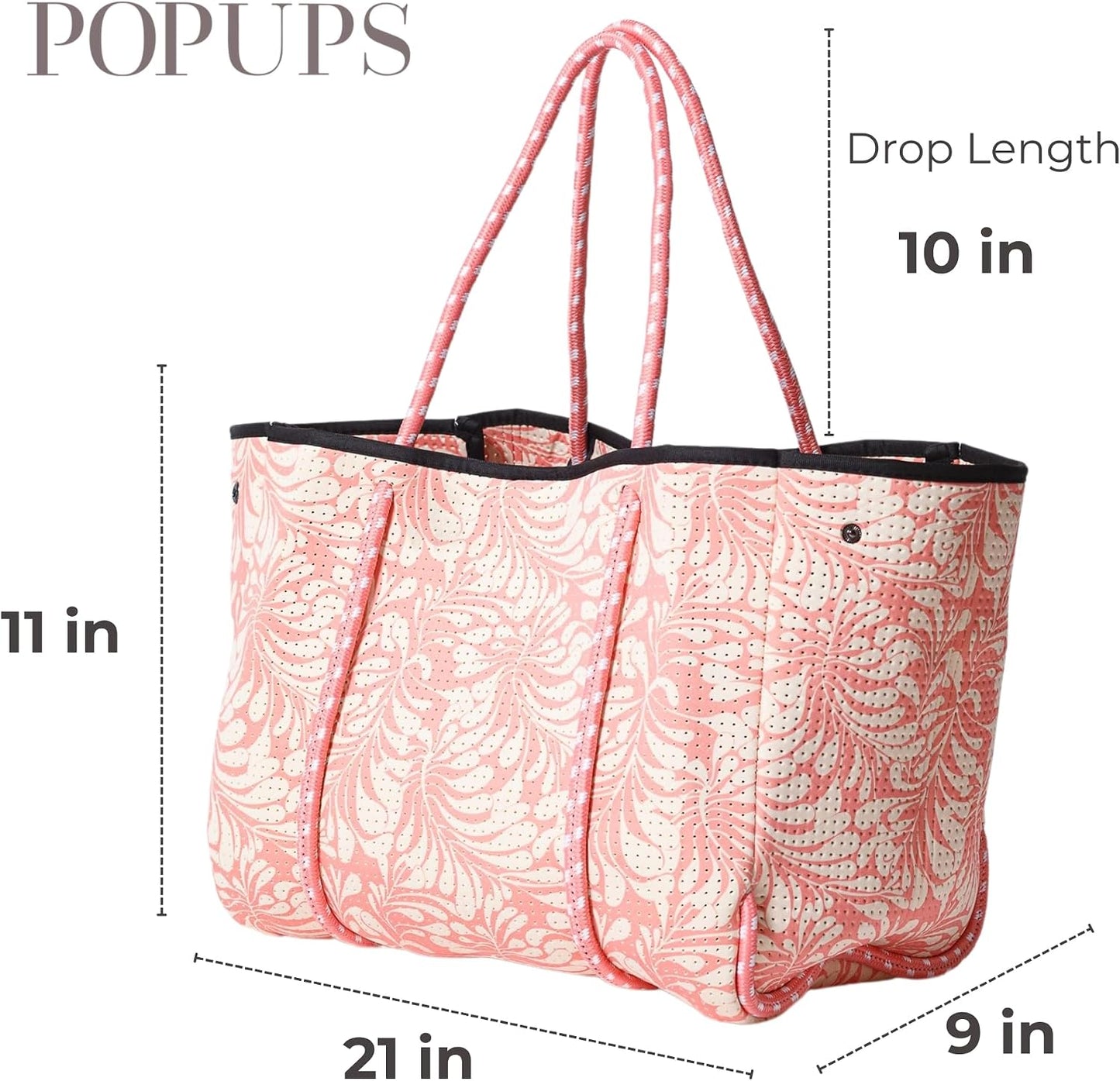 POPUPS Large Neoprene Tote Bag for Women - Everyday Designer Handbag for Travel Work and Beach with Pockets and Zipper Pouch
