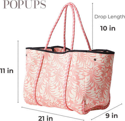 POPUPS Large Neoprene Tote Bag for Women - Everyday Designer Handbag for Travel Work and Beach with Pockets and Zipper Pouch